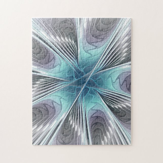 Elegance Modern Blue Grått White Fractal Art Flowe Pussel (Vertikal)