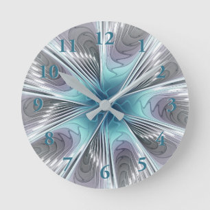 Elegance Modern Blue Grått White Fractal Art Flowe Rund Klocka