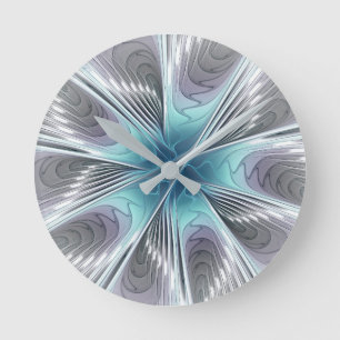 Elegance Modern Blue Grått White Fractal Art Flowe Rund Klocka