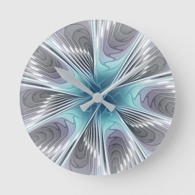 Elegance Modern Blue Grått White Fractal Art Flowe Rund Klocka (Framsida)
