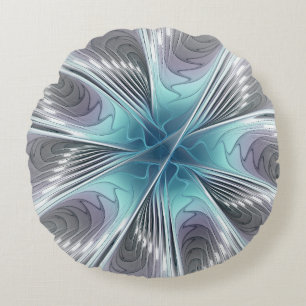 Elegance Modern Blue Grått White Fractal Art Flowe Rund Kudde