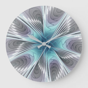 Elegance Modern Blue Grått White Fractal Art Flowe Stor Klocka