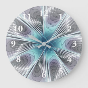 Elegance Modern Blue Grått White Fractal Art Flowe Stor Klocka