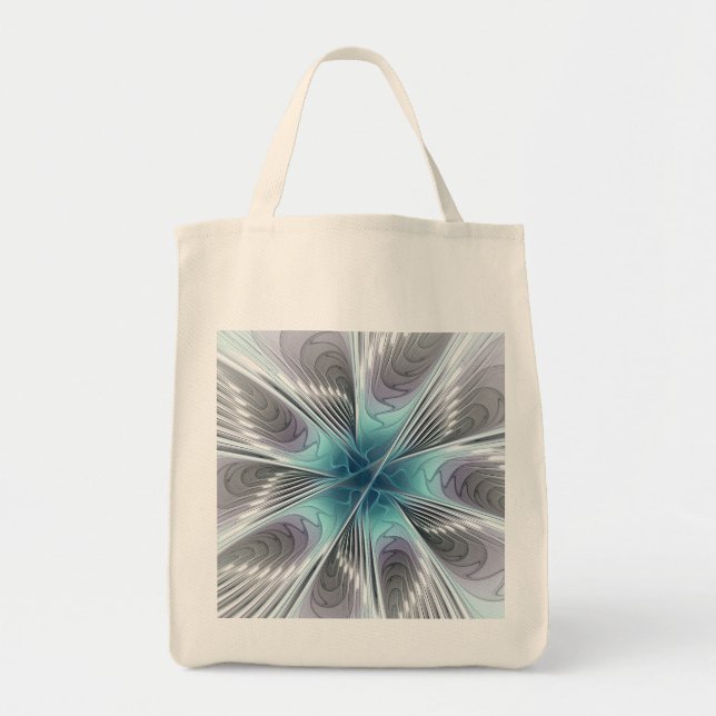 Elegance Modern Blue Grått White Fractal Art Flowe Tygkasse (Framsidan)