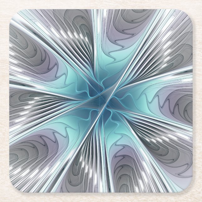 Elegance Modern Blue Grått White Fractal Art Flowe Underlägg Papper Kvadrat (Framsidan)