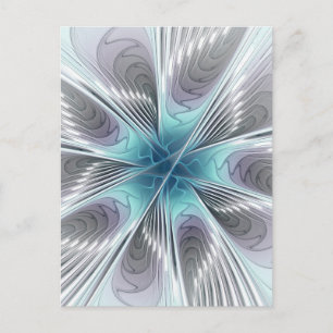 Elegance Modern Blue Grått White Fractal Art Flowe Vykort