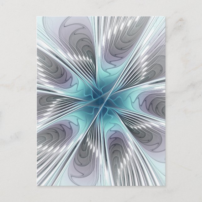 Elegance Modern Blue Grått White Fractal Art Flowe Vykort (Framsida)