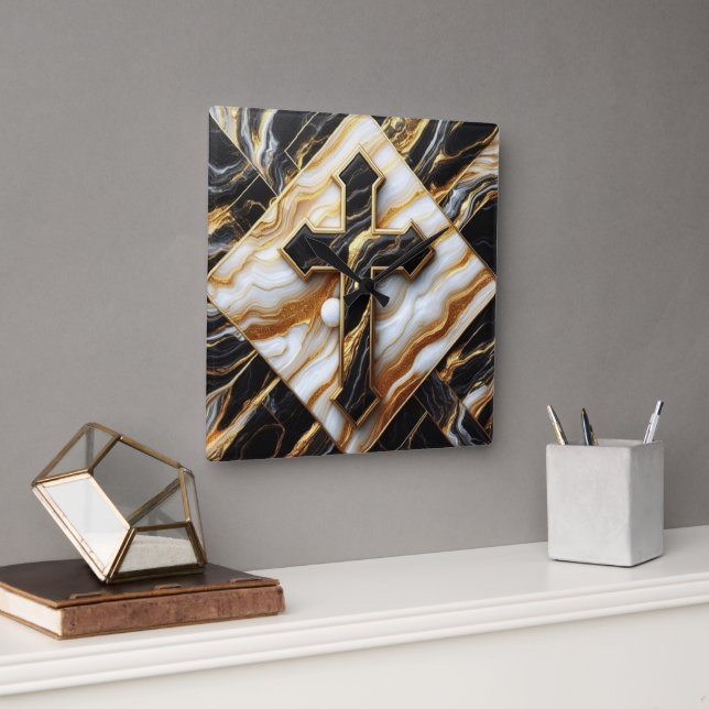 Elegance Monokrome Ceramic mönster Gilded Touches Fyrkantig Klocka (Kontor)