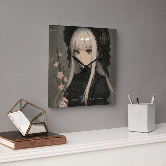 Elegance of the Midnight Blossom Maiden Premium Fyrkantig Klocka (Kontor)