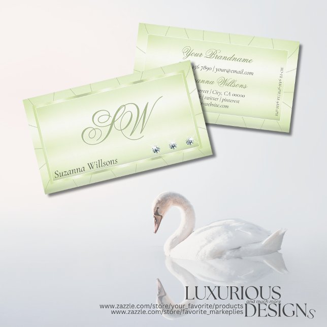 Elegance Pastel Grönt med diamanter och Monogram Visitkort (Skapare uppladdad)