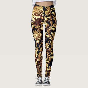 Elegance Redefined: Black and Guld Blommigt Flamis Leggings