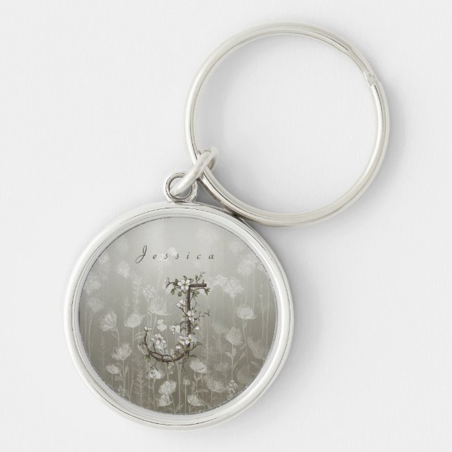 Elegance-viskare: Personlig Jasmine Monogram Rund Silverfärgad Nyckelring (Framsidan)