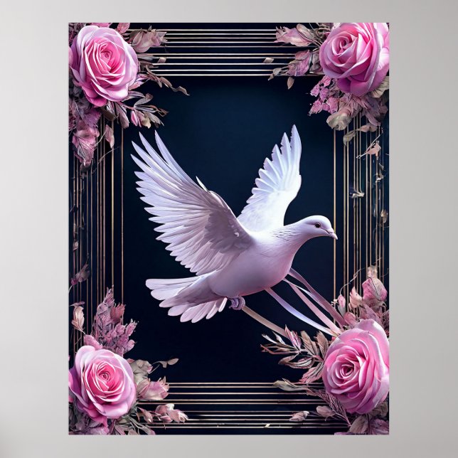 Elegans av vit duva med rosa rosor poster (Framsidan)