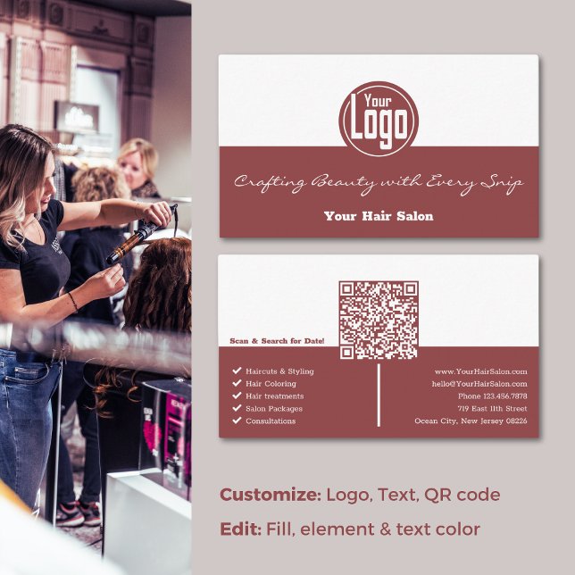 Elegans i varje detaljplan, Burgundy White Hair Sa Visitkort (Elegance in Every Detail: Smoky Topaz Hair Salon Business Card)