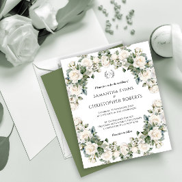 Elegans med vita rosor och monogram - Bröllop på b Flygblad