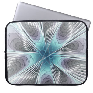 Elegans Modern Blå Grå Vit Fraktal Konst Blomma Laptop Fodral