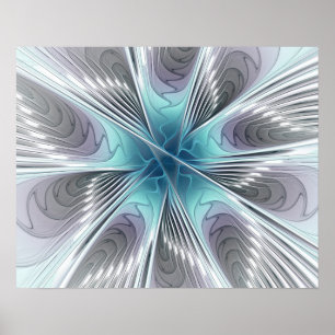Elegans Modern Blå Grå Vit Fraktal Konst Blomma Poster