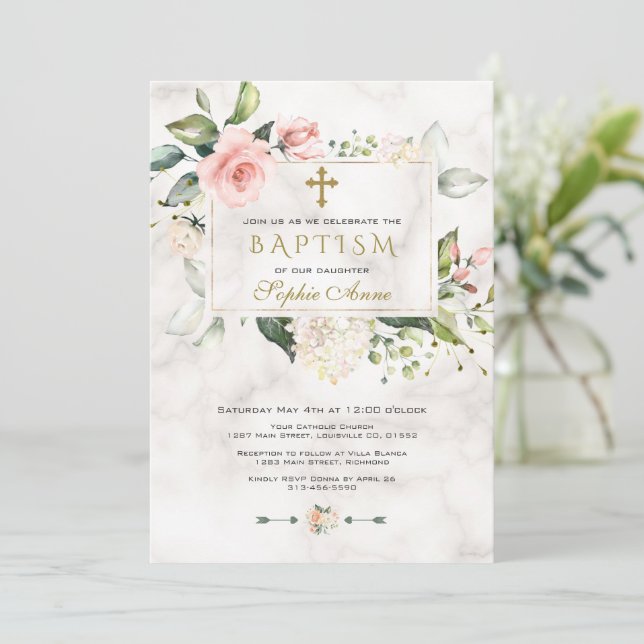 Elegans  Rosa Blommigt Marble Guld Kor Baptism Inbjudningar (Stående Fram)
