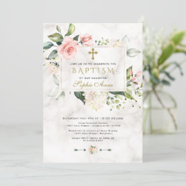 Elegans Rosa Blommigt Marble Guld Kor Baptism Inbjudningar