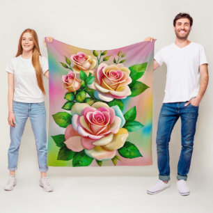 Elegans Rosor Rosa och Gula Akvarell Pastell Fleecefilt