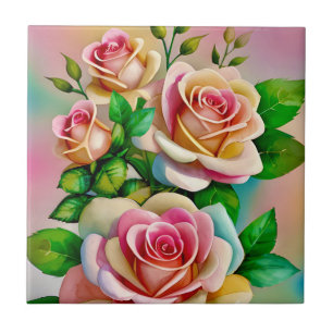 Elegans Rosor Rosa och Gula Akvarell Pastell Kakelplatta