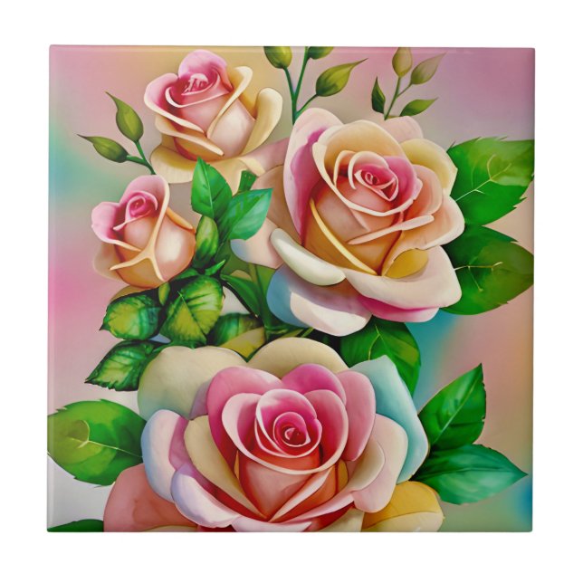 Elegans Rosor Rosa och Gula Akvarell Pastell Kakelplatta (Framsidan)