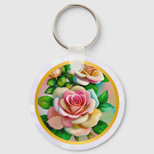 Elegans Rosor Rosa och Gula Akvarell Pastell Nyckelring
