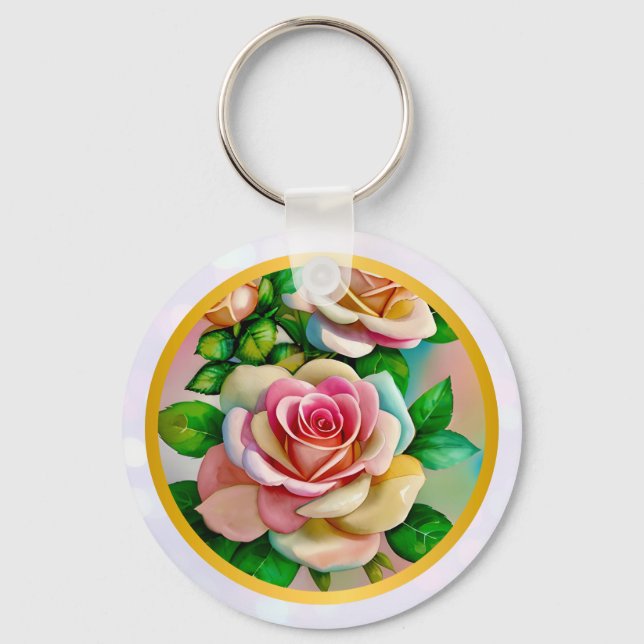 Elegans Rosor Rosa och Gula Akvarell Pastell Nyckelring (Framsida)