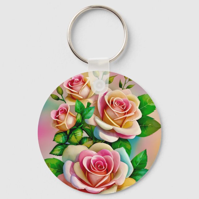 Elegans Rosor Rosa och Gula Akvarell Pastell Nyckelring (Framsida)