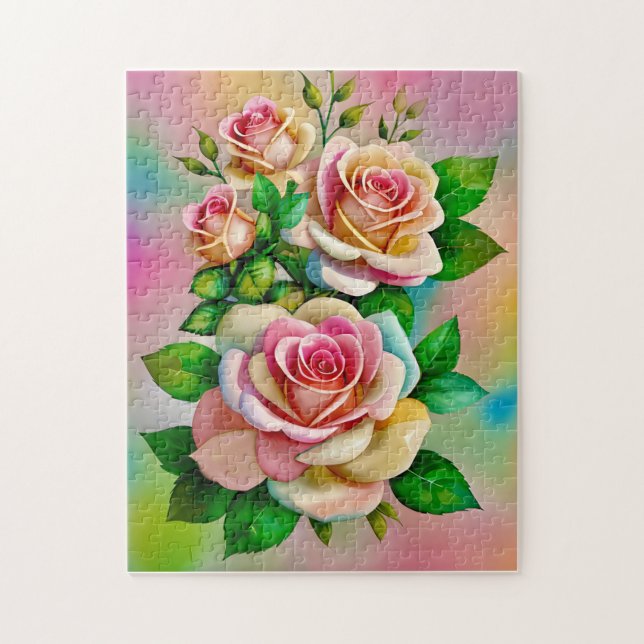 Elegans Rosor Rosa och Gula Akvarell Pastell Pussel (Vertikal)