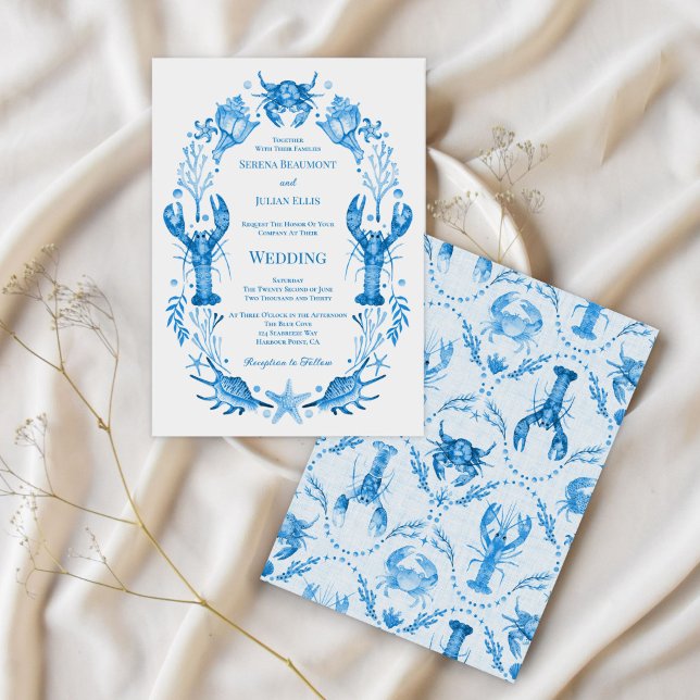 Elegans vid havet Blått akvarell Kustbröllop  Inbjudningar (Seaside Elegance Blue Watercolor Coastal Wedding Invitation)