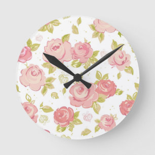 Eleganstapetmönster av rosa ros 3 rund klocka