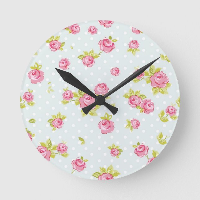 Eleganstapetmönster av rosa ros 4 rund klocka (Framsida)