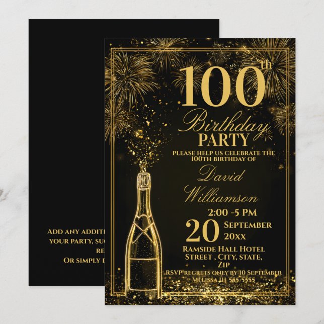 Elegant 100-års födelsedags Guld Flaska Fizz Inbjudningar (Fram/baksida)