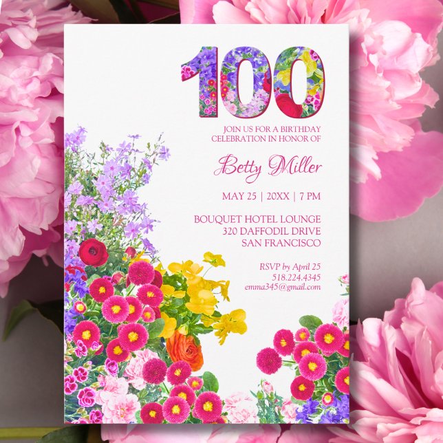 Elegant 100-års födelsedags trädgårdsfest Blommig  Inbjudningar (Skapare uppladdad)