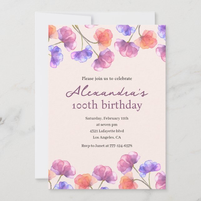 Elegant 100-års födelsedagsinbjudan Boho Floral Ch Inbjudningar (Framsida)