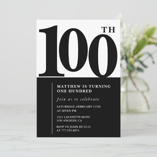 Elegant 100-års födelsedagsinbjudan Svart Modern Inbjudningar (Stående Fram)
