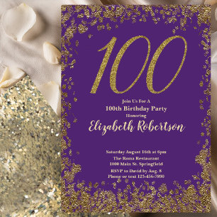 Elegant 100-års lila födelsedagsinbjudan guld inbjudningar