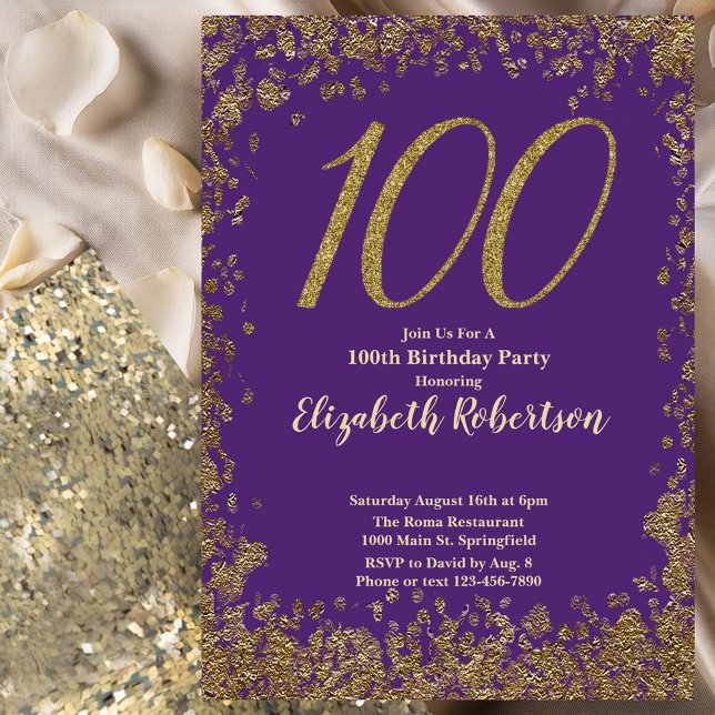 Elegant 100-års lila födelsedagsinbjudan guld  inbjudningar (Skapare uppladdad)