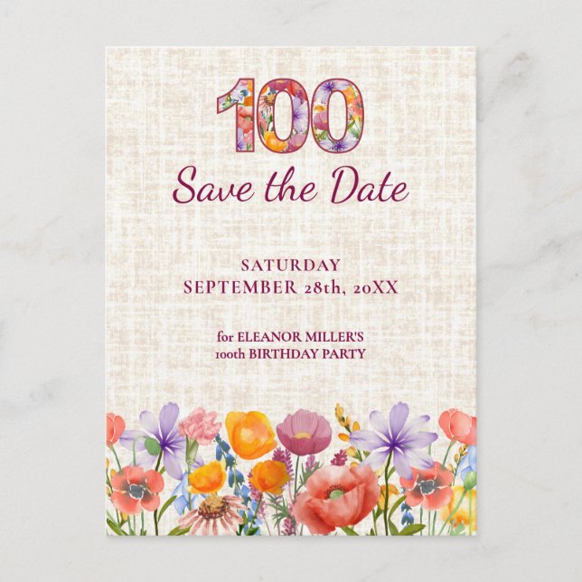 Elegant 100-årsdag - Blommig Nummer 100 Meddelande Vykort (Framsida)