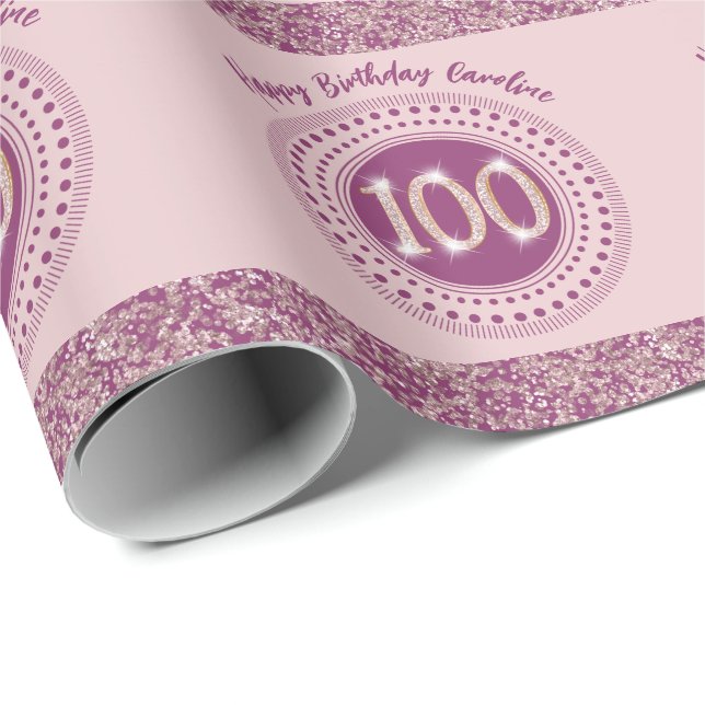 Elegant 100-årsdag Roséguld Glitter & Ränder Presentpapper (Rullad Hörn)