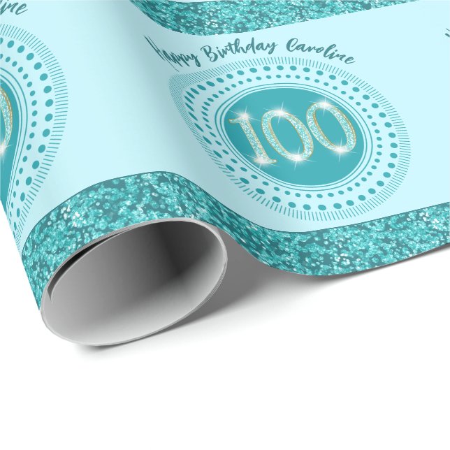 Elegant 100-årsdag Tealblå Glitter & Ränder Presentpapper (Rullad Hörn)