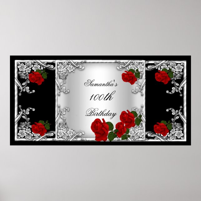 Elegant 100-årsfest Röd Ros Silver Poster (Framsidan)