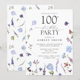 Elegant 100:e Födelsedagsfesten Blå Wildblommor Inbjudningar