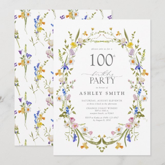 Elegant 100:e Födelsedagsfestens Blommigt Vattenfä Inbjudningar (Fram/baksida)
