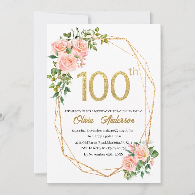 Elegant 100:e födelsedagsfirandet Watercolor Gli Inbjudningar (Framsida)
