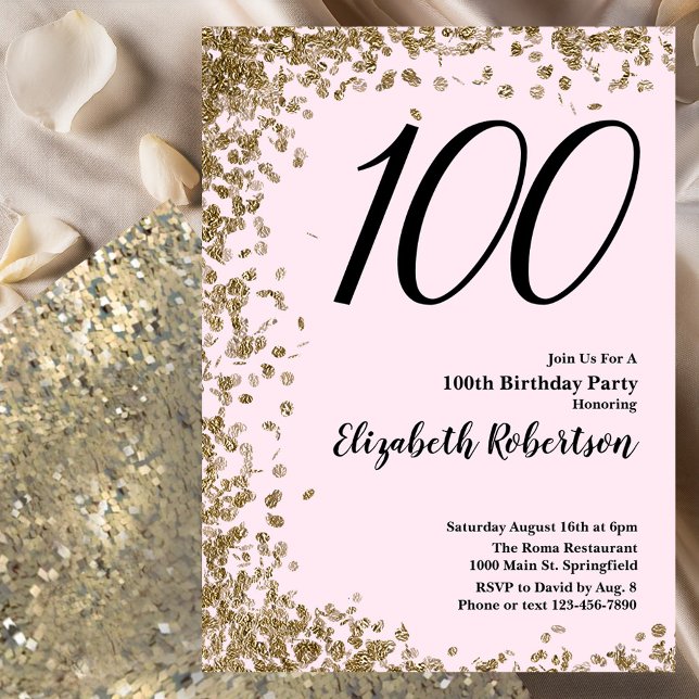 Elegant 100:e födelsedagsinbjudan Rosa Guld Sequin Inbjudningar (Skapare uppladdad)