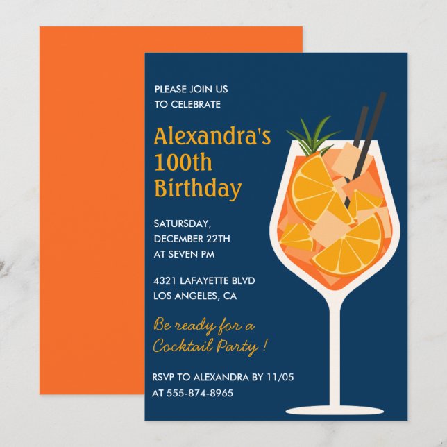 Elegant 100 födelsedagsinbjudan Cocktail Navy Inbjudningar (Fram/baksida)
