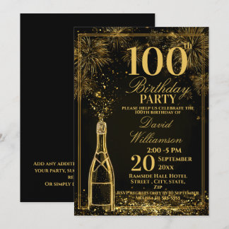 Elegant 100th Birthday Gold Bottle Fizz Inbjudningar