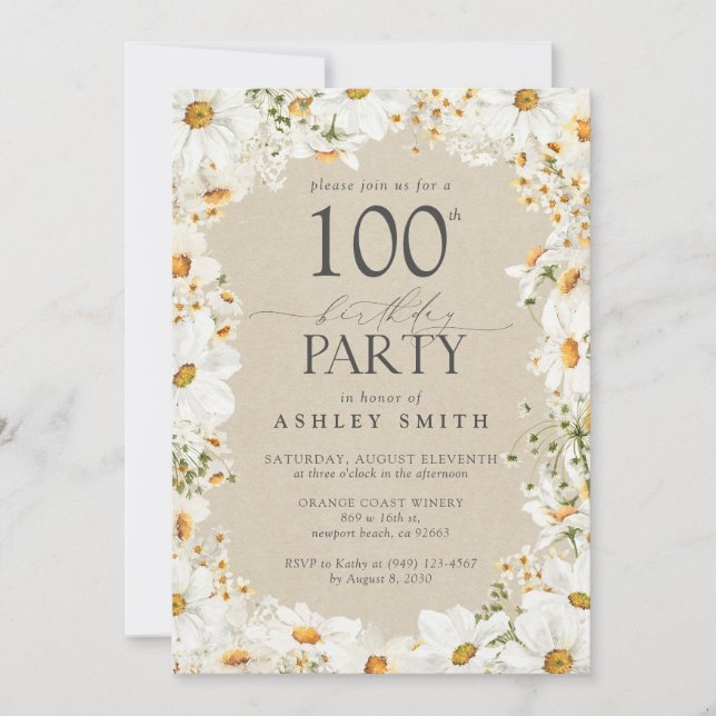 Elegant 100th Watercolor Blommigt Daisy Birthday Inbjudningar (Framsida)